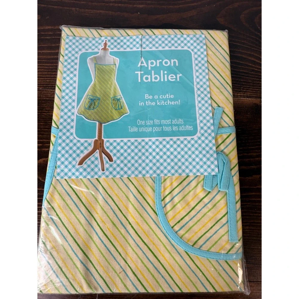 Apron Tablier Yellow Green Blue Stripe Kitchen Cooking Baking One Size Fits Most
